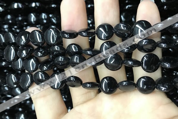 CAA2525 15.5 inches 8mm flat round black agate beads wholesale