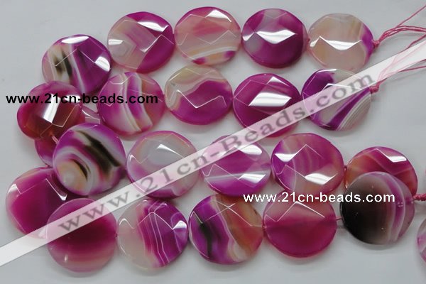 CAA314 15.5 inches 35mm faceted coin fuchsia line agate beads