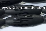 CAA3682 15.5 inches 10*30mm rice matte & carved black agate beads