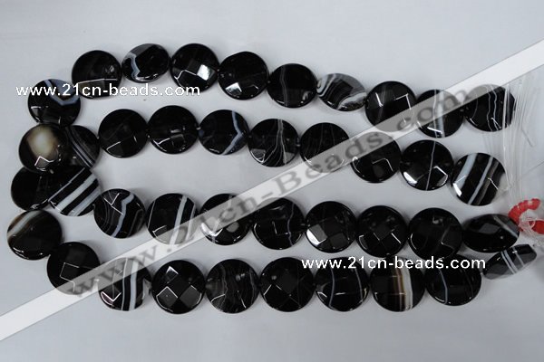 CAG3076 15.5 inches 20mm faceted coin black line agate beads