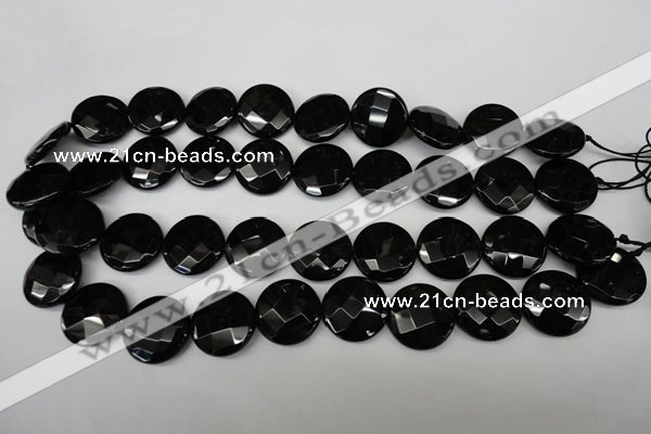 CAG4023 15.5 inches 20mm faceted coin black agate beads