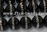 CAG8632 15.5 inches 12mm round black agate with rhinestone beads