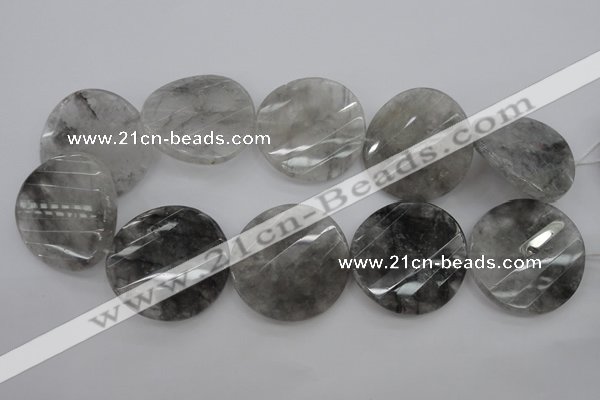CCQ277 15.5 inches 40mm faceted & twisted coin cloudy quartz beads