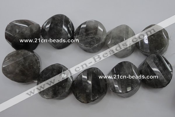 CCQ298 15.5 inches 20*38*40mm faceted & twisted coin cloudy quartz beads