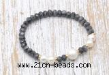 CFB753 faceted rondelle black labradorite & potato white freshwater pearl stretchy bracelet