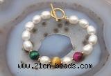 CFB982 Hand-knotted 9mm - 10mm rice white freshwater pearl & colorful tiger eye bracelet
