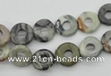 CFG904 15.5 inches 12mm carved coin donut black water jasper beads