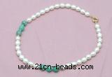 CFN312 9 - 10mm rice white freshwater pearl & peafowl agate necklace wholesale