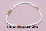 CFN355 9 - 10mm rice white freshwater pearl & picture jasper necklace wholesale