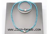 CFN617 4mm faceted round turquoise & potato white freshwater pearl jewelry set