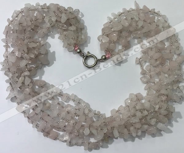 CGN746 19.5 inches stylish 8 rows rose quartz chips necklaces