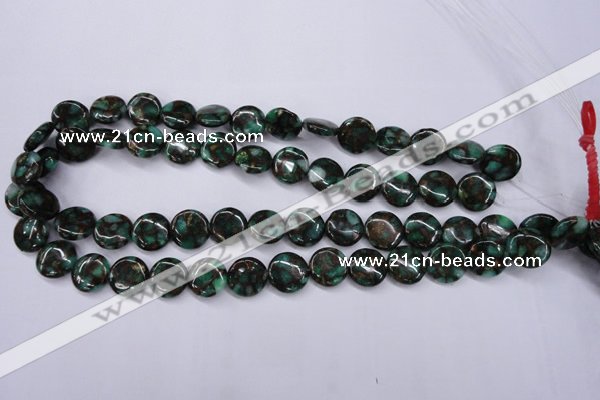 CGO141 15.5 inches 14mm flat round gold green color stone beads