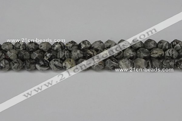CNG6202 15.5 inches 10mm faceted nuggets grey picture jasper beads