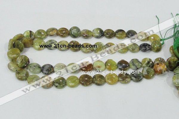 COP557 15.5 inches 14mm flat round natural yellow & green opal beads
