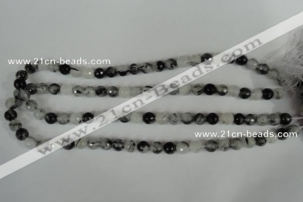 CRU313 15.5 inches 8mm faceted round black rutilated quartz beads
