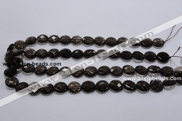 CSQ125 15.5 inches 14mm faceted flat round grade AA natural smoky quartz beads