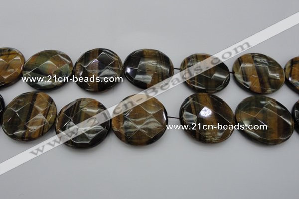 CTE1360 15.5 inches 40mm faceted coin yellow & blue tiger eye beads