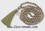 GMN303 Hand-knotted 6mm unakite 108 beads mala necklaces with tassel & charm