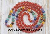 GMN6441 Hand-knotted 7 Chakra 8mm, 10mm red agate 108 beads mala necklaces