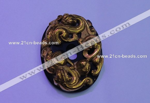 NGP2041 40*55mm carved gold plated matte black obsidian pendants
