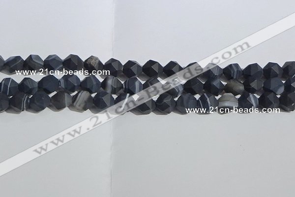 CAA1244 15.5 inches 10mm faceted nuggets matte black line agate beads