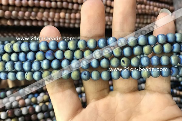 CAA1277 15.5 inches 6mm round matte plated druzy agate beads