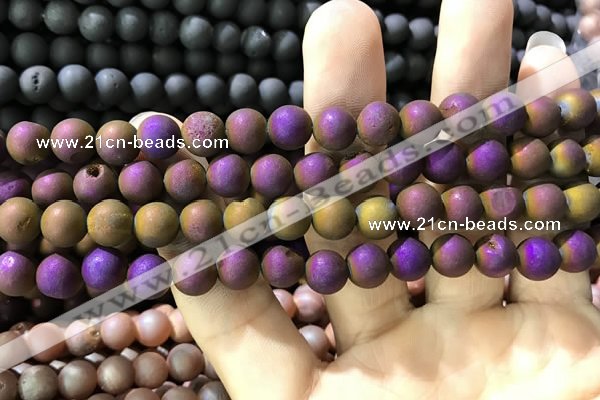 CAA1294 15.5 inches 8mm round matte plated druzy agate beads