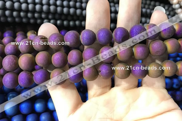 CAA1334 15.5 inches 12mm round matte plated druzy agate beads