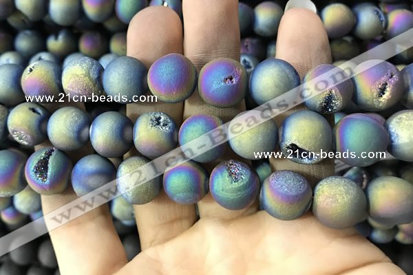 CAA1379 15.5 inches 16mm round matte plated druzy agate beads