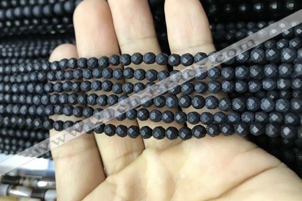 CAA2437 15.5 inches 4mm faceted round matte black agate beads