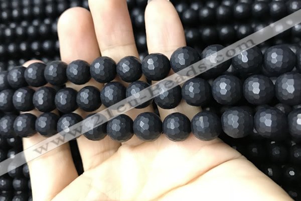 CAA2440 15.5 inches 10mm faceted round matte black agate beads