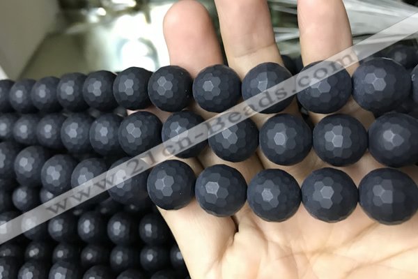 CAA2442 15.5 inches 14mm faceted round matte black agate beads