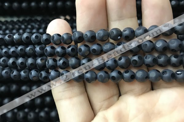 CAA2458 15.5 inches 6mm carved round matte black agate beads