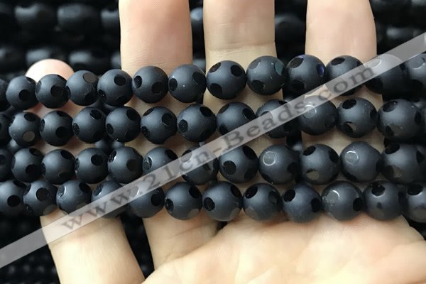 CAA2460 15.5 inches 10mm carved round matte black agate beads