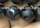 CAA2461 15.5 inches 12mm carved round matte black agate beads