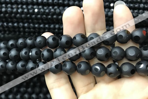 CAA2461 15.5 inches 12mm carved round matte black agate beads