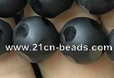 CAA2462 15.5 inches 14mm carved round matte black agate beads