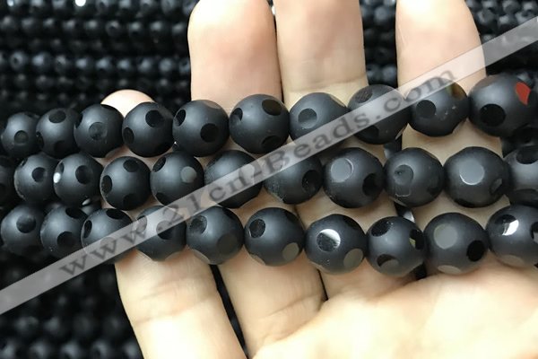 CAA2462 15.5 inches 14mm carved round matte black agate beads