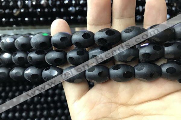 CAA2465 15.5 inches 12*16mm carved rice matte black agate beads