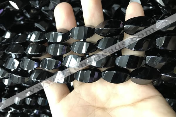 CAA2492 15.5 inches 10*20mm faceted & twisted rice black agate beads