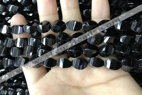 CAA2493 15.5 inches 8*12mm faceted & twisted rice black agate beads