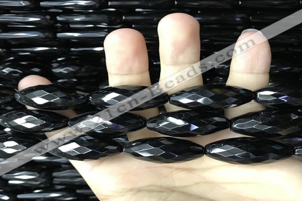 CAA2506 15.5 inches 10*30mm faceted rice black agate beads wholesale