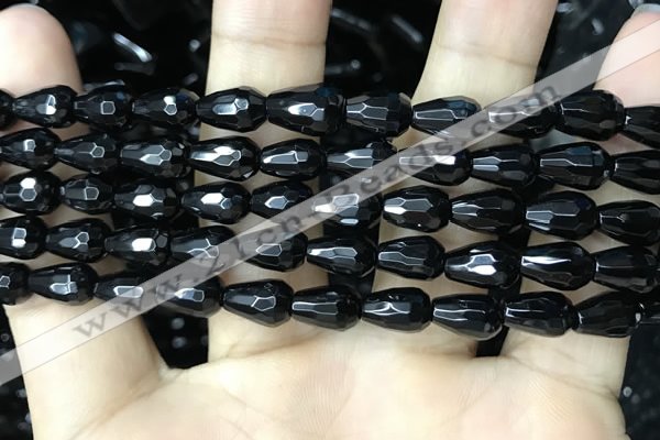 CAA2510 15.5 inches 6*9mm faceted teardrop black agate beads