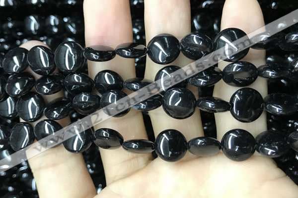 CAA2527 15.5 inches 12mm flat round black agate beads wholesale