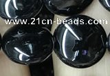 CAA2528 15.5 inches 14mm flat round black agate beads wholesale