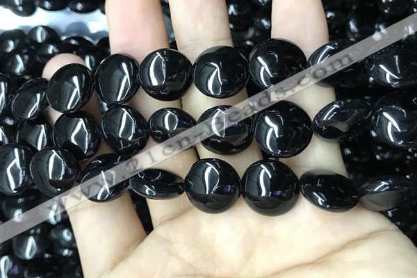 CAA2530 15.5 inches 18mm flat round black agate beads wholesale