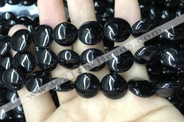 CAA2531 15.5 inches 20mm flat round black agate beads wholesale