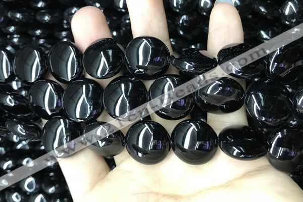 CAA2532 15.5 inches 25mm flat round black agate beads wholesale