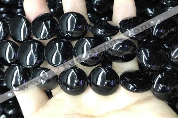 CAA2533 15.5 inches 30mm flat round black agate beads wholesale