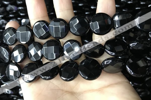 CAA2586 15.5 inches 25mm faceted coin black agate beads wholesale